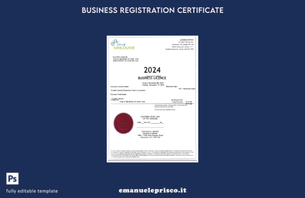certificato di licenza commerciale USA City of Vancouver in stile verificato Mod